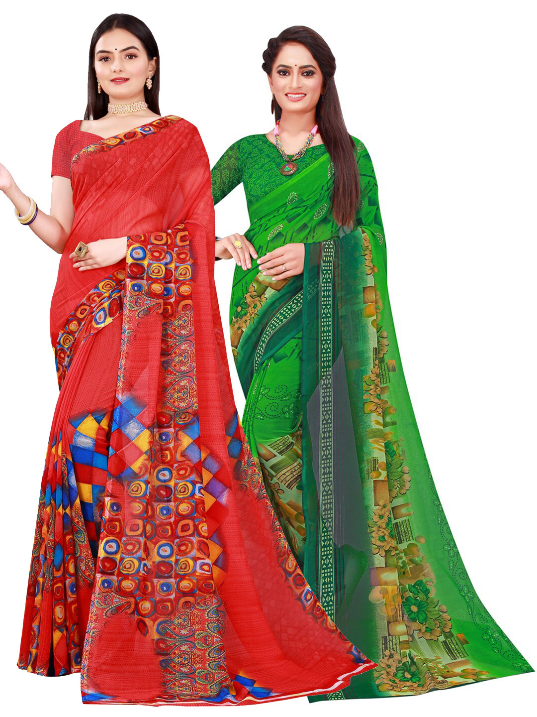 

Florence Women Pack of 2 Red & Green Floral Print Georgette Saree with Unstitched Blouse