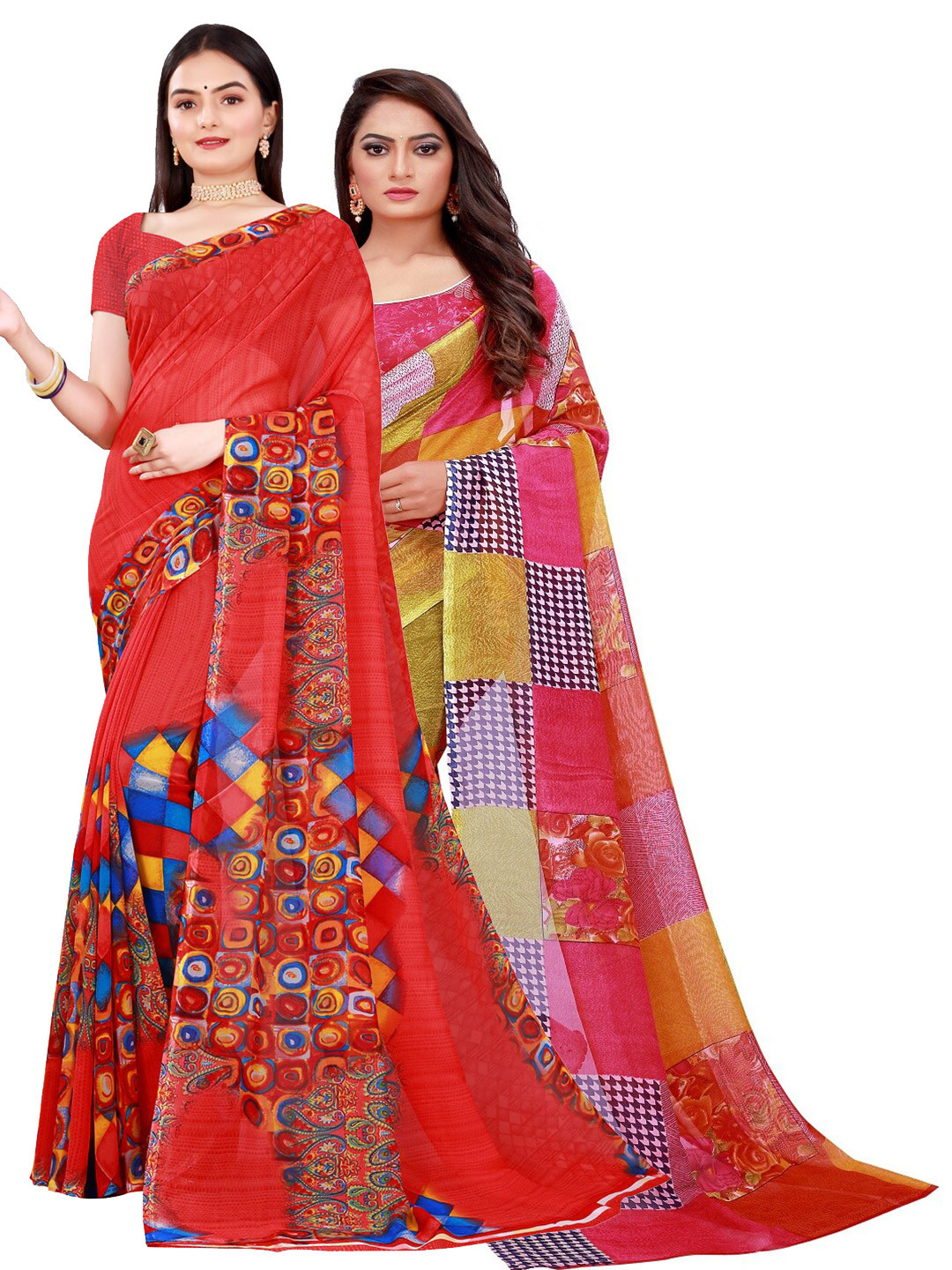

Florence Women Pack of 2 Red & Blue Pure Georgette Saree