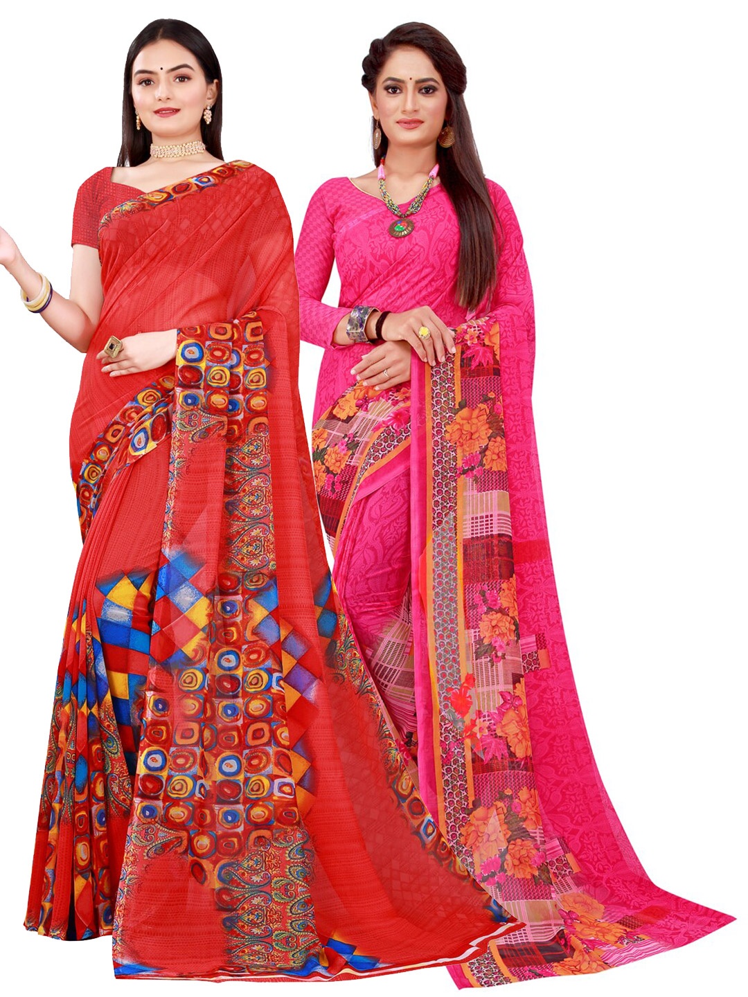 

Florence Pack Of 2 Red & Magenta Pure Georgette Saree