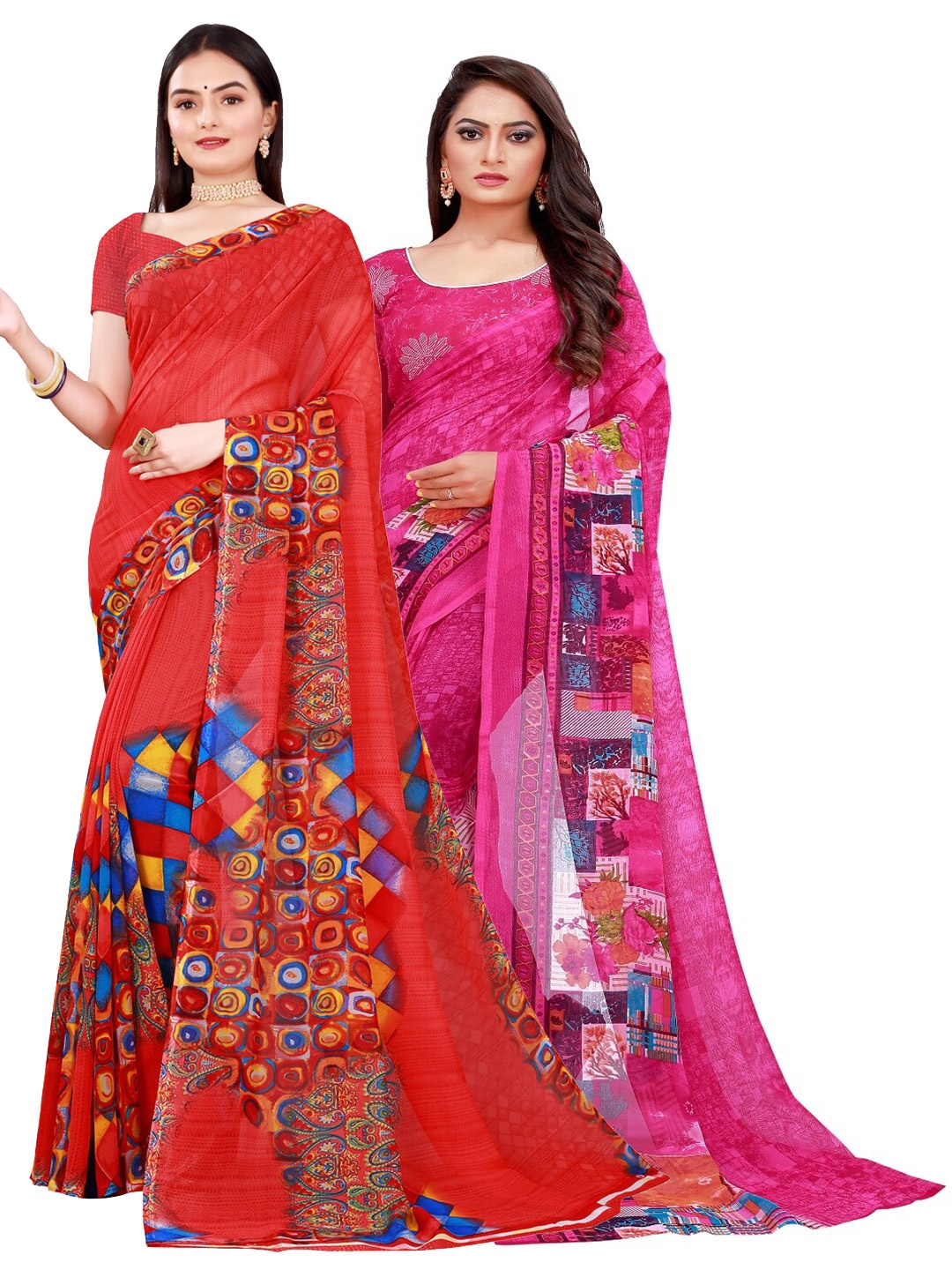 

Florence Pack Of 2 Red & Magenta Pure Georgette Saree