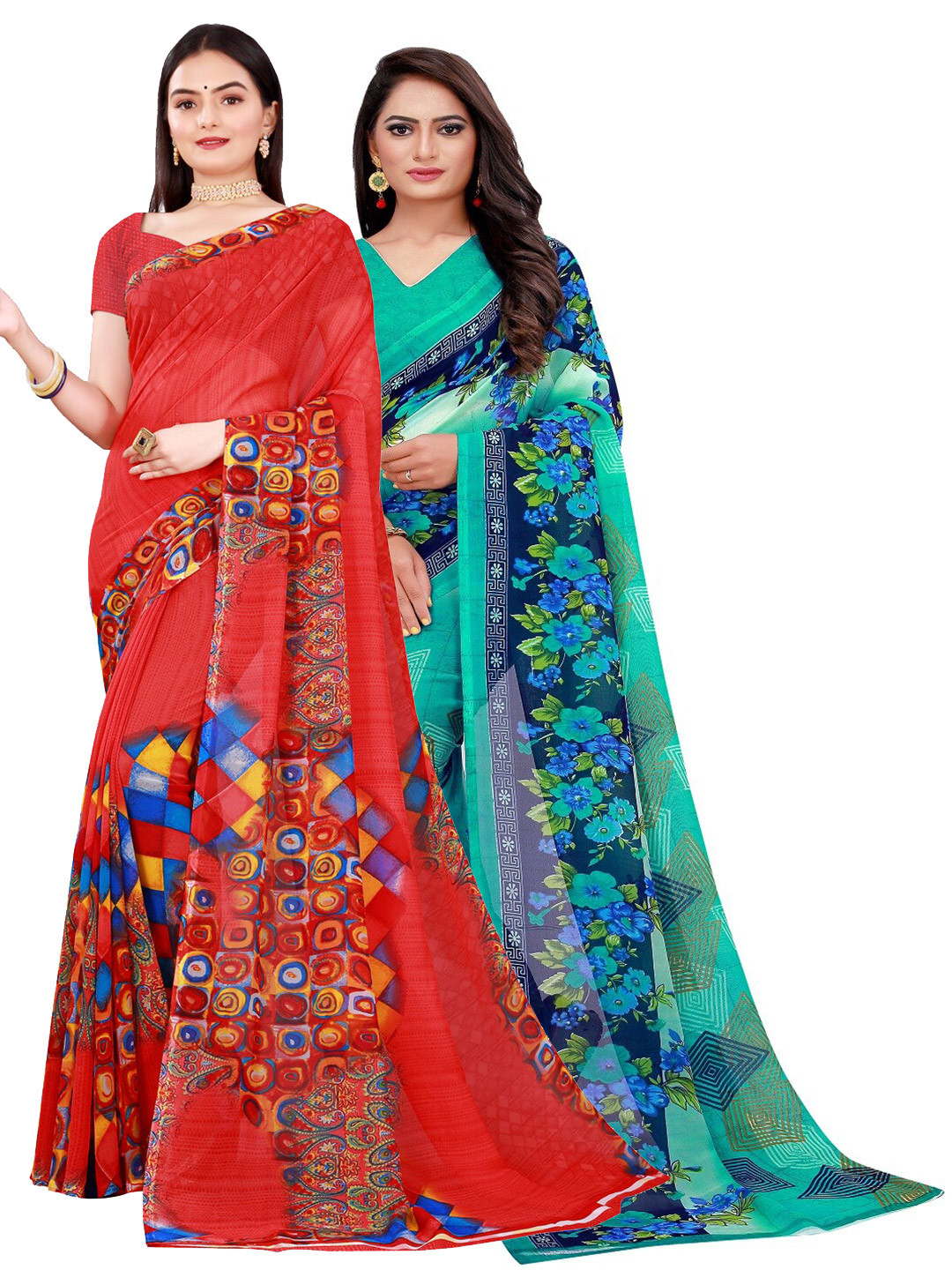 

Florence Pack Of 2 Red & Turquoise Blue Pure Georgette Saree