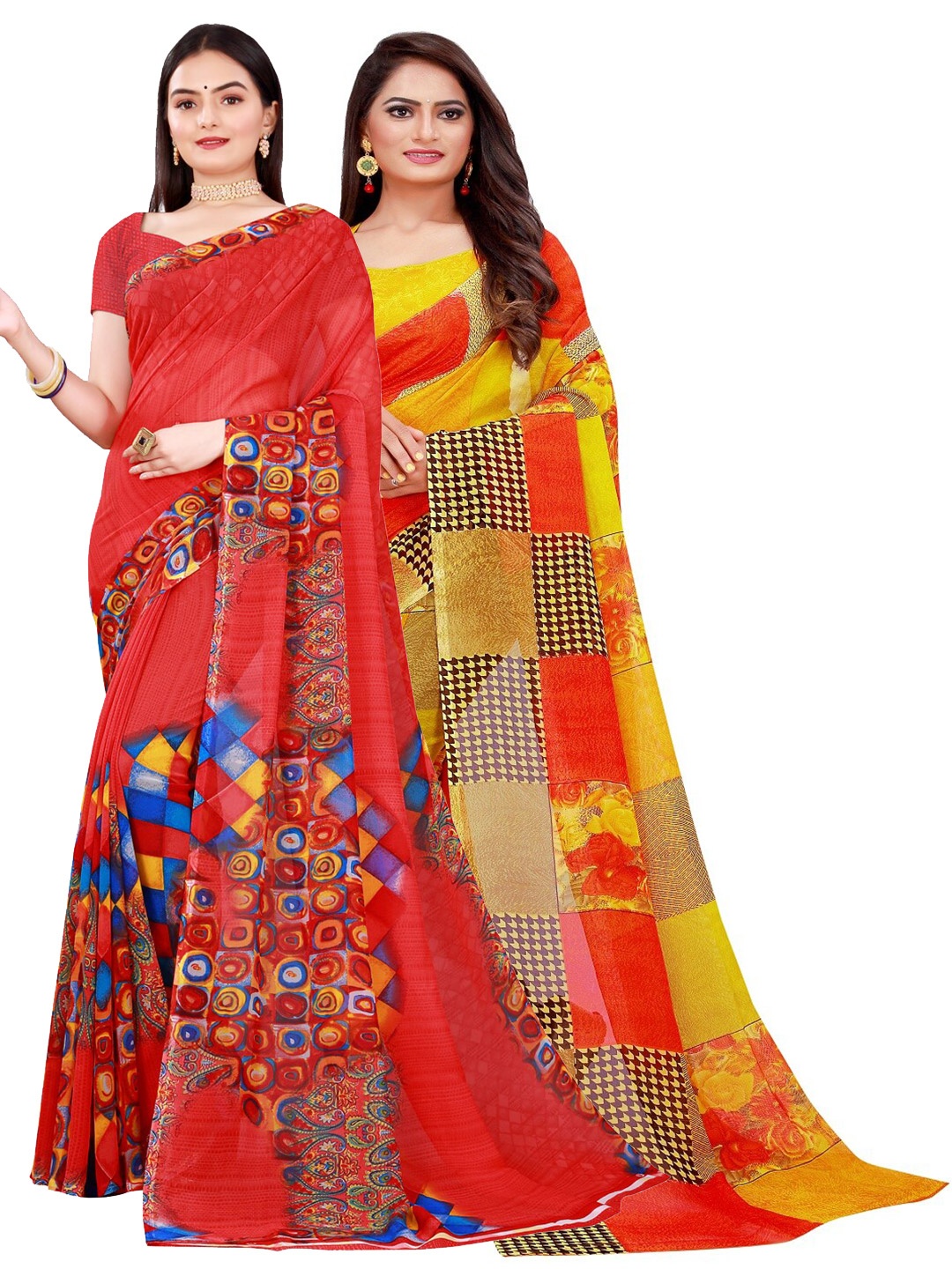 Florence Pack Of 2 Red & Yellow Pure Georgette Saree
