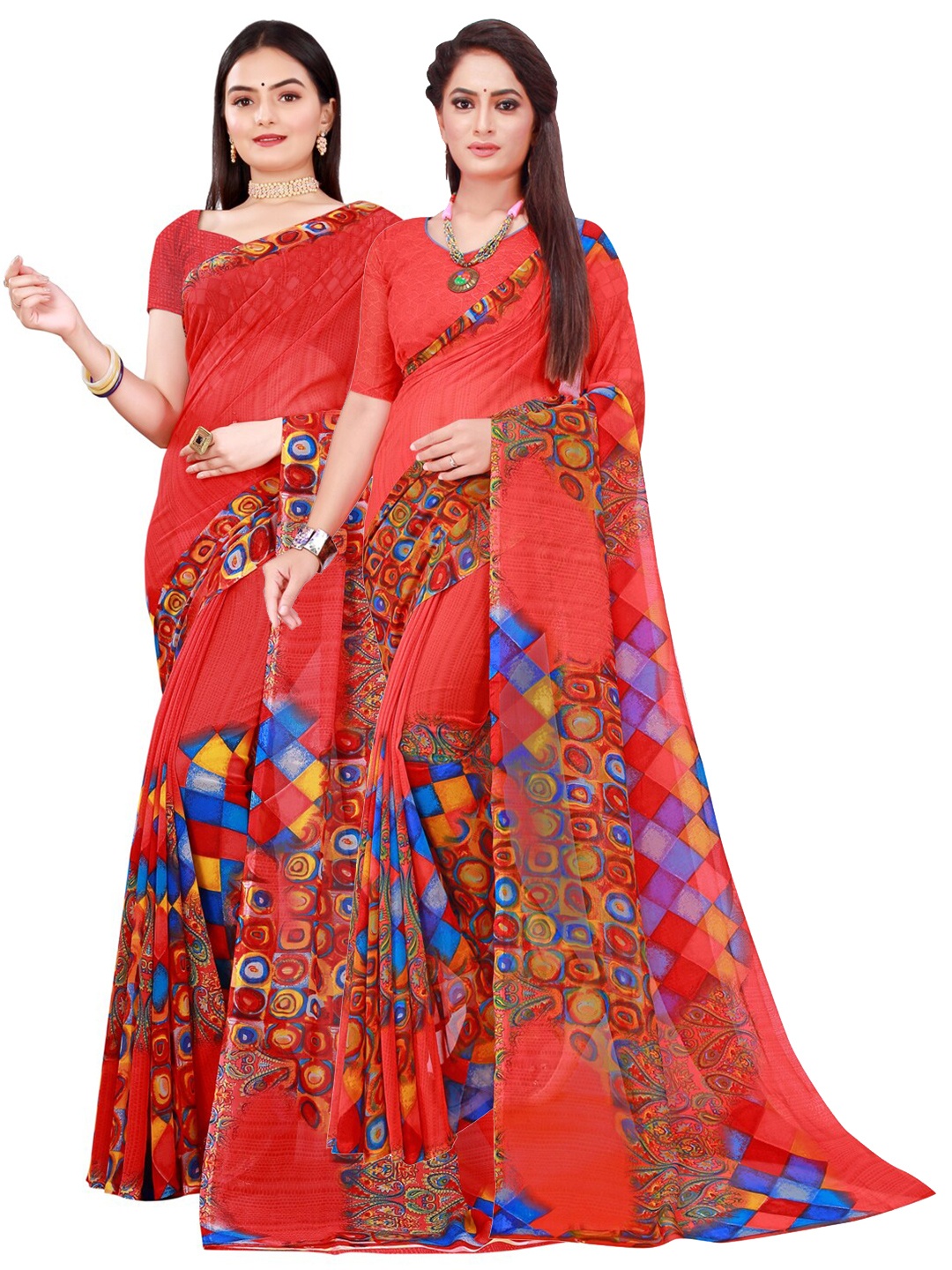 Florence Red & Blue Floral Pure Georgette Saree with Unstithed Blouse