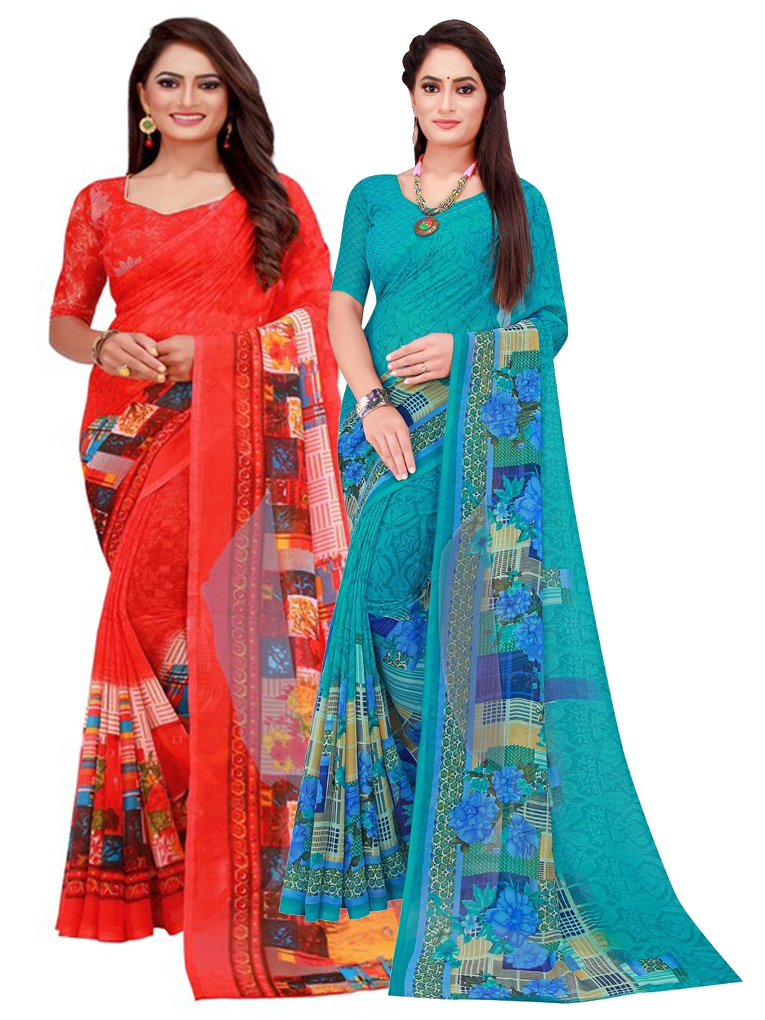 

Florence Red & Turquoise Blue Printed Combo Saree With Unstithed Blouse Georgette Saree