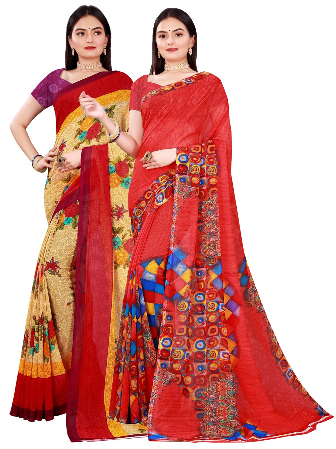 

Florence Pack of 2 Printed Georgette Saree, Red