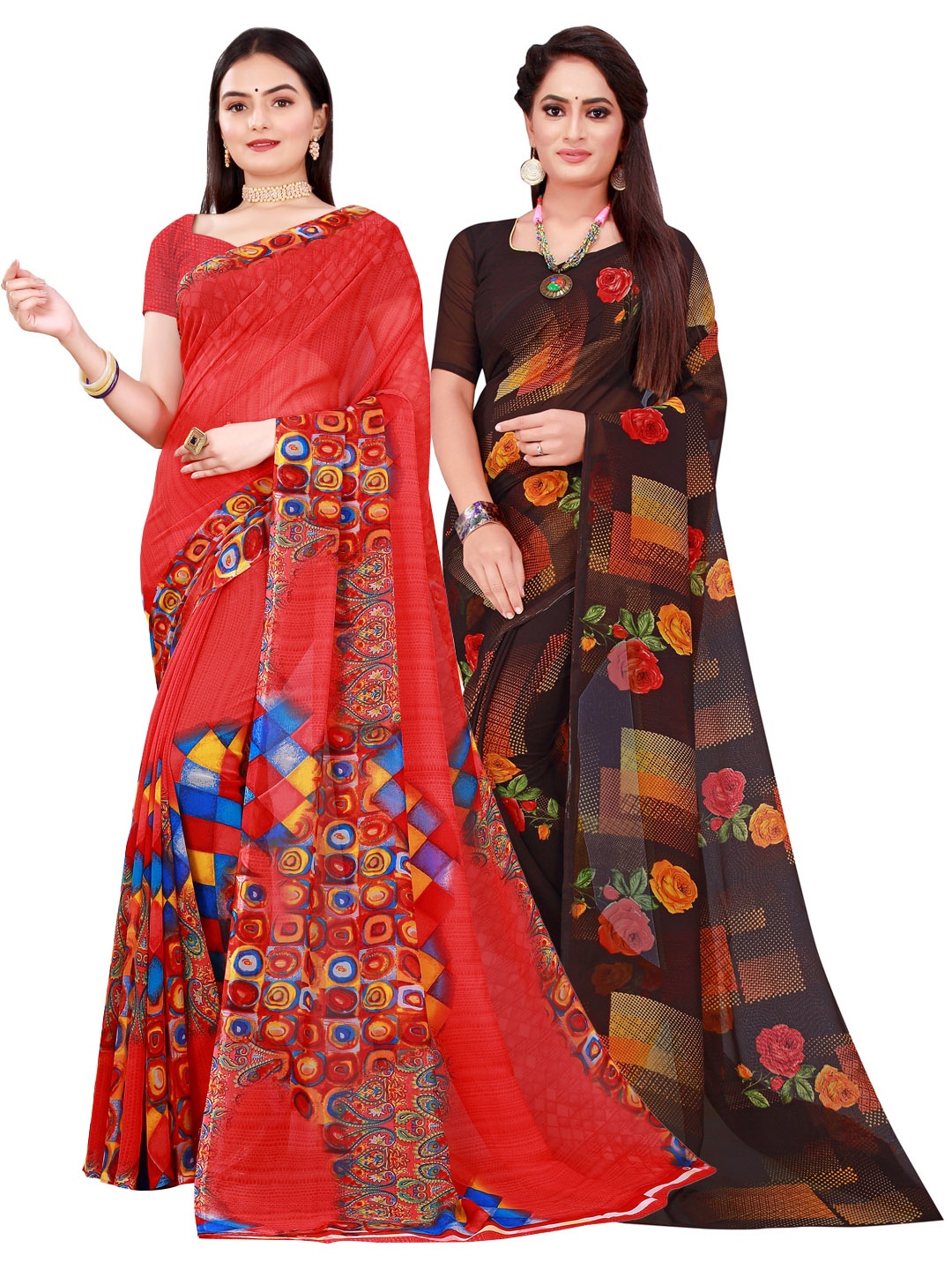 

Florence Women Pack of 2 Printed Sarees, Red