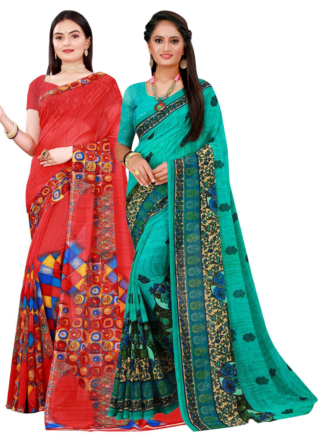 

Florence Red & Turquoise Blue Pure Georgette Saree