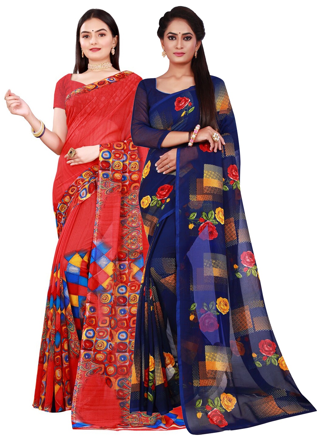 

Florence Red & Navy Blue Set Of 2 Floral Pure Georgette Saree