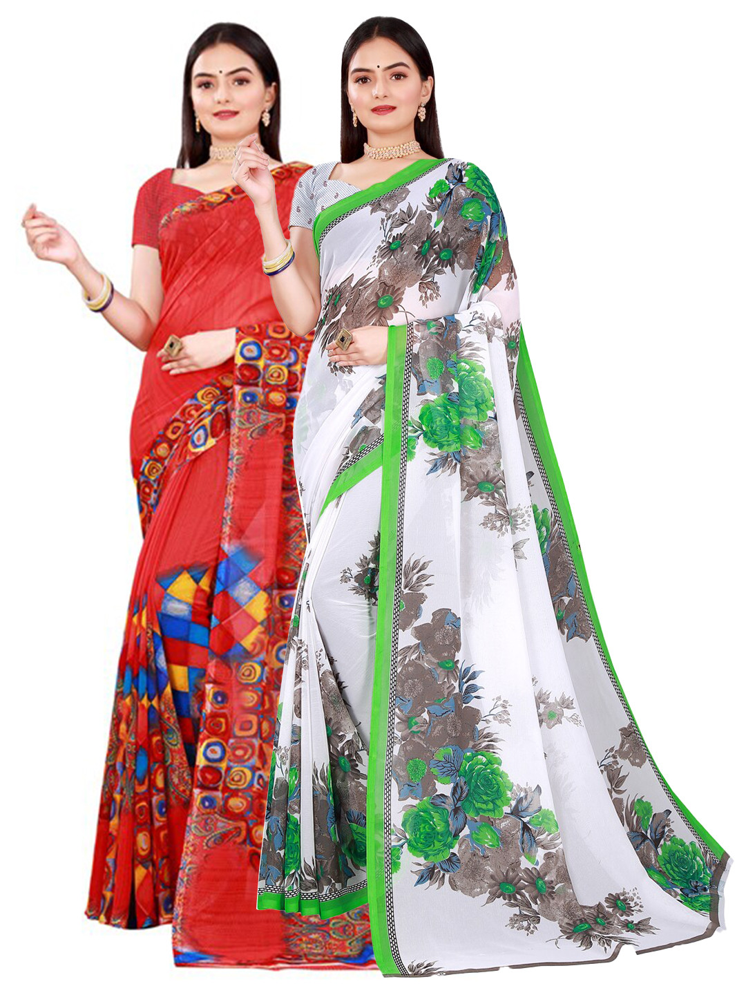 

Florence Red & White Green Pack Of 2 Pure Georgette Saree