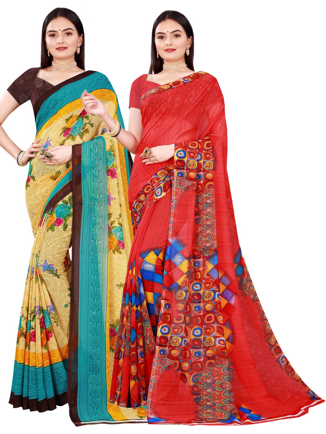 Florence Red & Beige Pack Of 2 Pure Georgette Saree