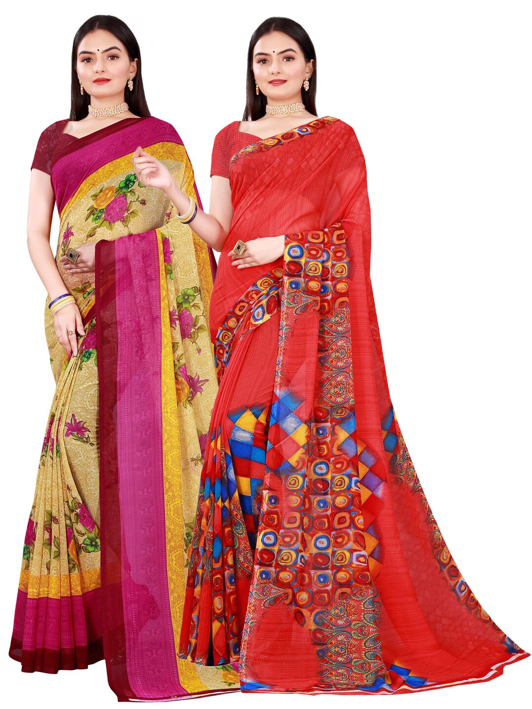 

Florence Set Of 2 Red & Beige Floral Pure Georgette Saree