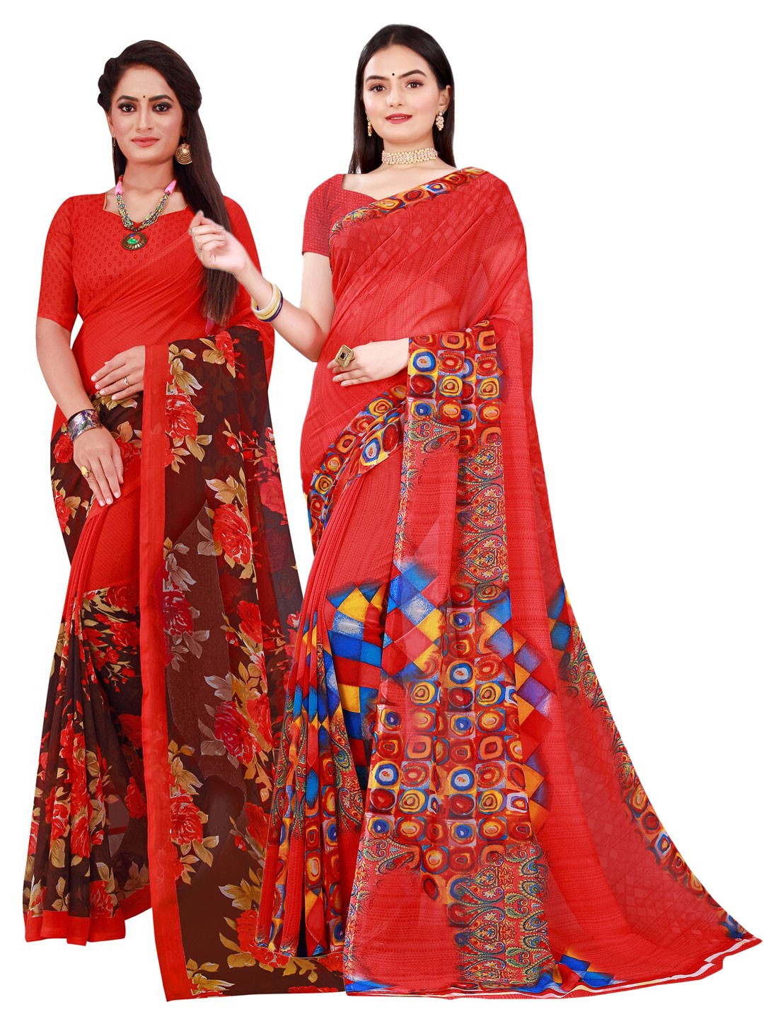 

Florence Set Of 2 Red & Blue Floral Pure Georgette Saree