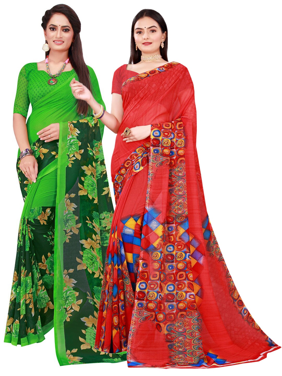 Florence Set Of 2 Red & Green Floral Pure Georgette Saree