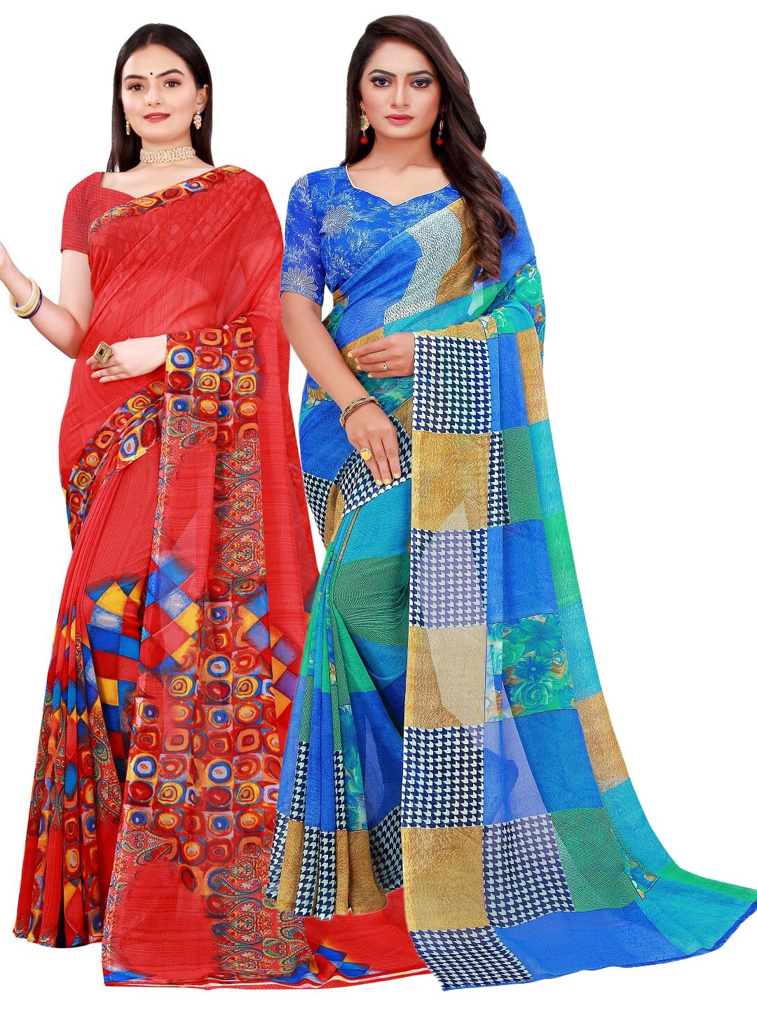 

Florence Pack of 2 Red & Blue Printed Pure Georgette Saree