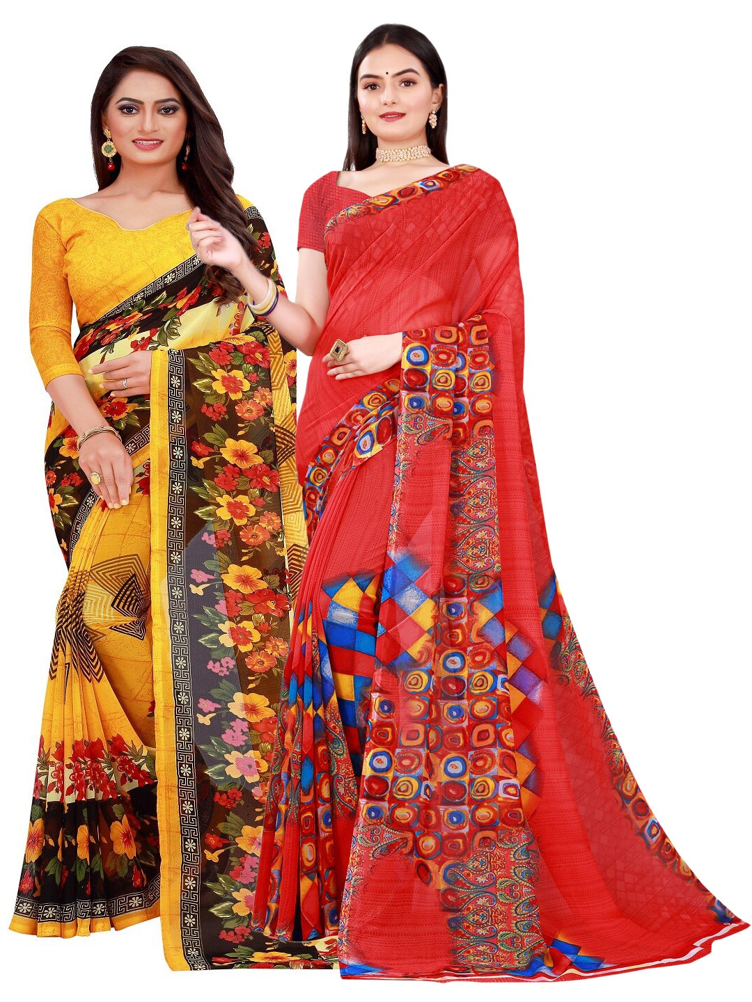 

Florence Red & Yellow Printed Pure Georgette Saree