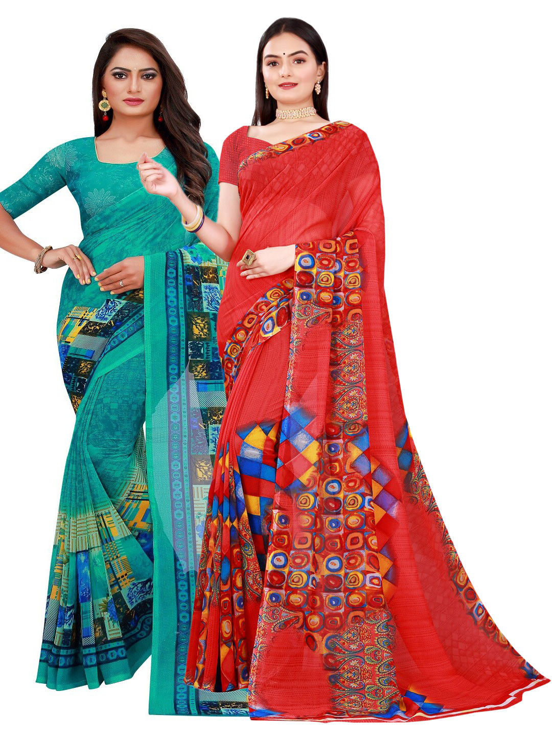 

Florence Pack of 2 Red & Turquoise Blue Printed Pure Georgette Saree