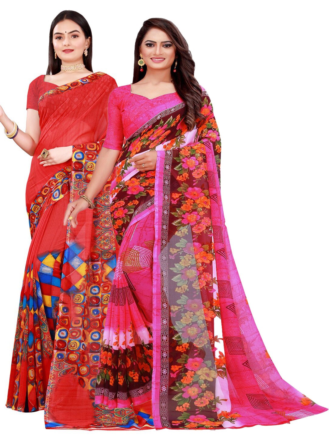 

Florence Red & Pink Floral Printed Pure Georgette Saree