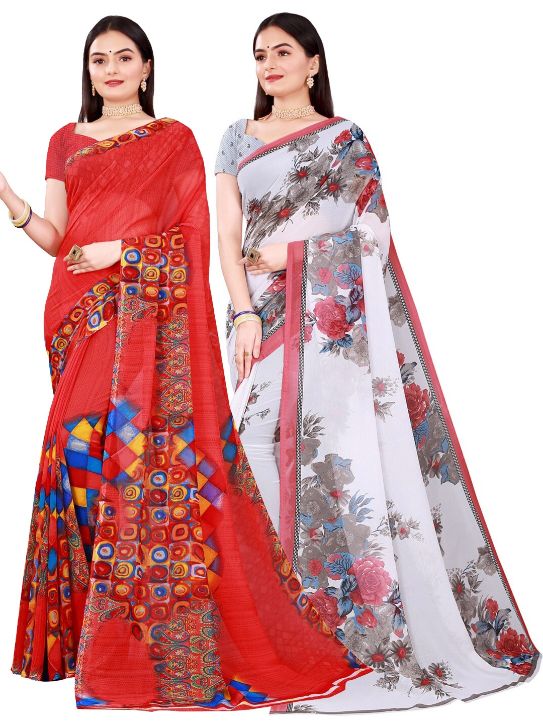 

Florence Women Red & White Pure Georgette Saree
