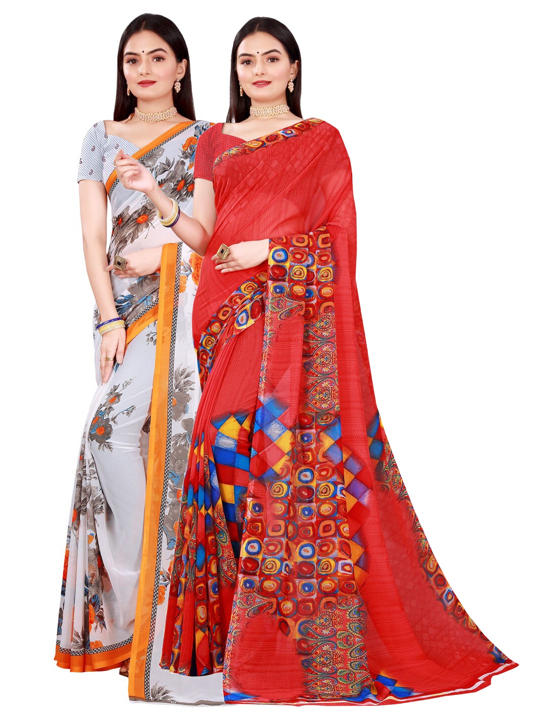 

Florence Women Red & White Pure Georgette Saree