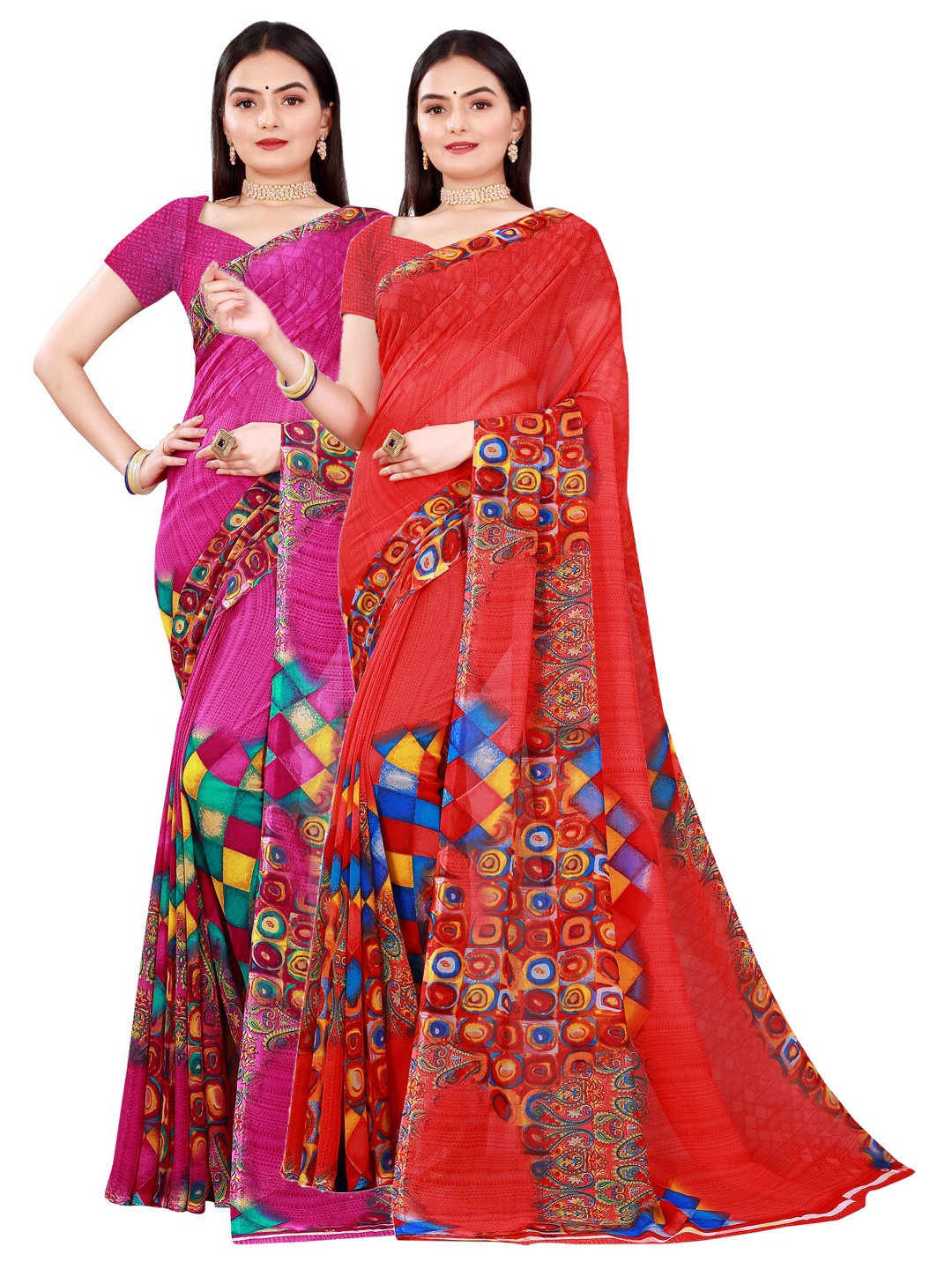 

Florence Women Red & Magenta Pure Georgette Saree