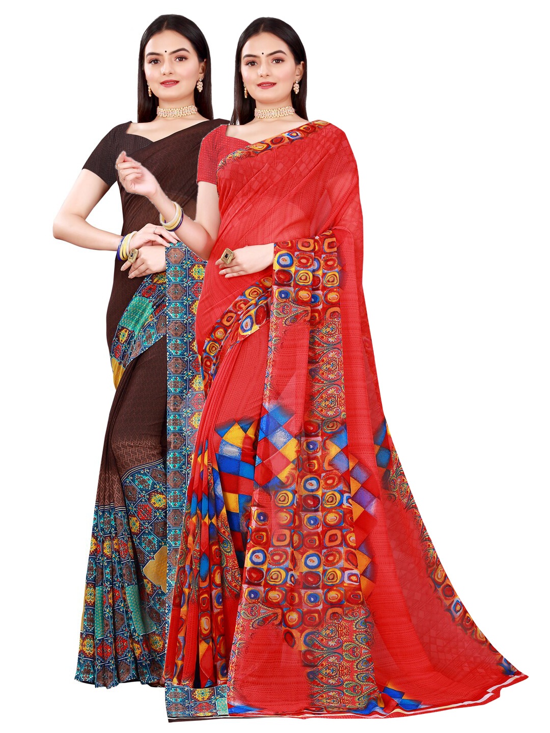 

Florence Women Red & Brown Pure Georgette Saree