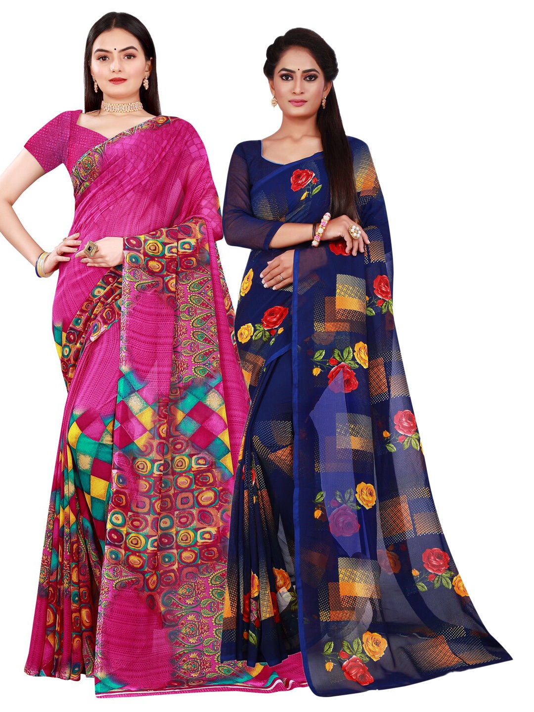 Florence Magenta & Navy Blue Pack of 2 Floral Printed Pure Georgette Saree
