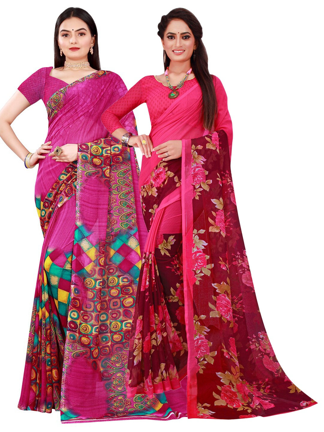 

Florence Pack Of 2 Magenta & Brown Floral Pure Georgette Saree