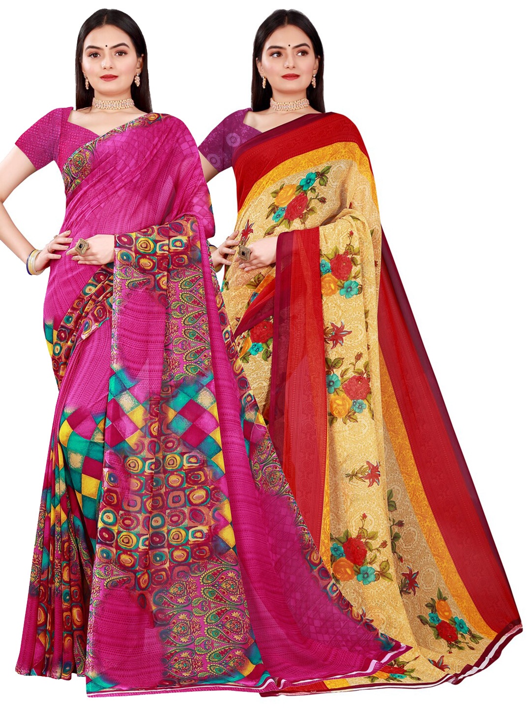 

Florence Pack Of 2 Beige & Magenta Ethnic Motifs Printed Pure Georgette Saree