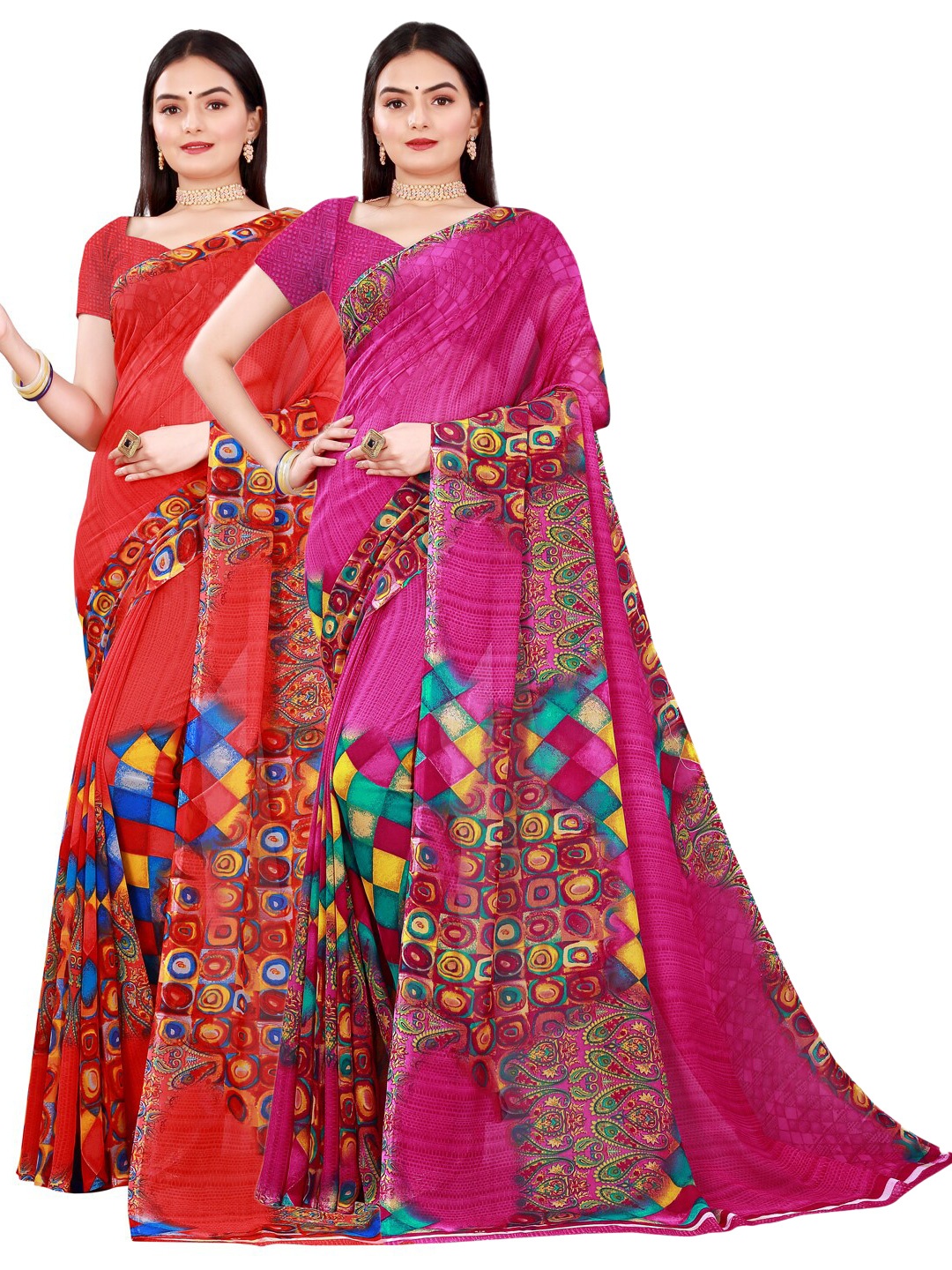 

Florence Pack Of 2 Red & Magenta Pure Georgette Saree