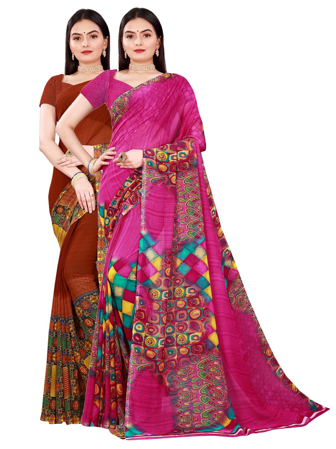 

Florence Pack Of 2 Magenta & Brown Pure Georgette Saree