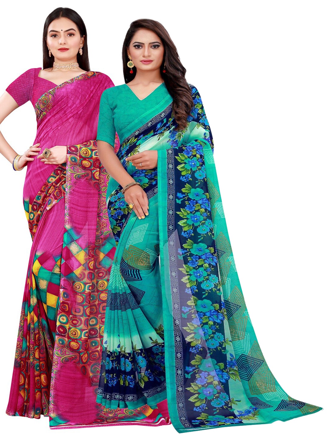 

Florence Pack Of 2 Teal & Magenta Pure Georgette Saree