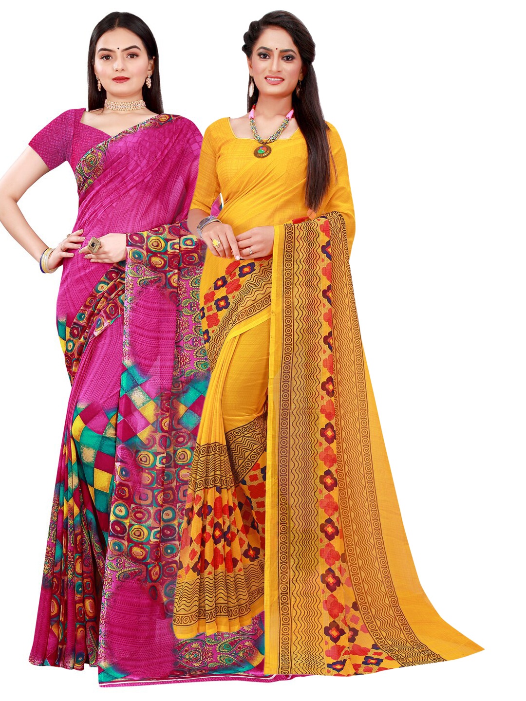 

Florence Yellow & Magenta Pure Georgette Saree