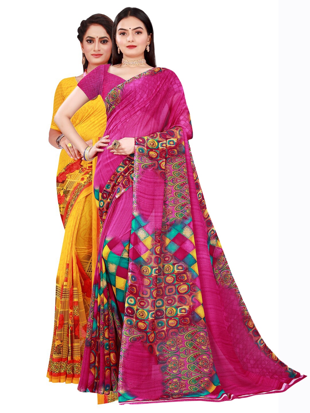 

Florence Yellow & Magenta Pack Of 2 Printed Pure Georgette Saree