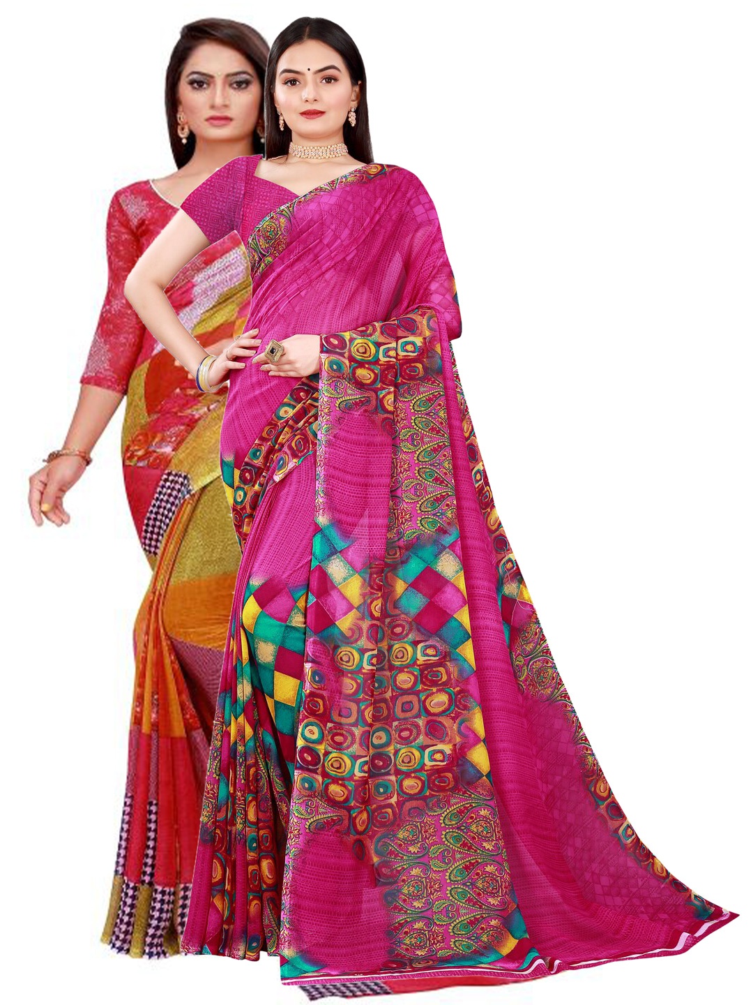 Florence Red & Magenta Printed Combo Saree With Unstithed Blouse Pure Georgette Saree