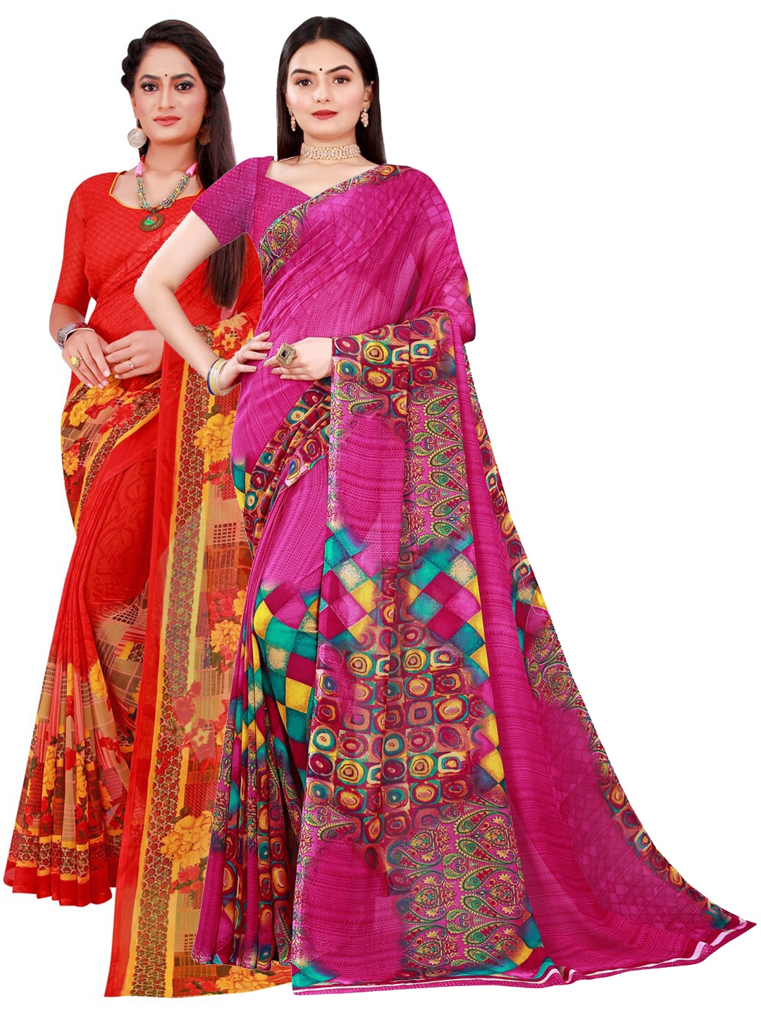 Florence Pack of 2 Printed Georgette Saree, Magenta