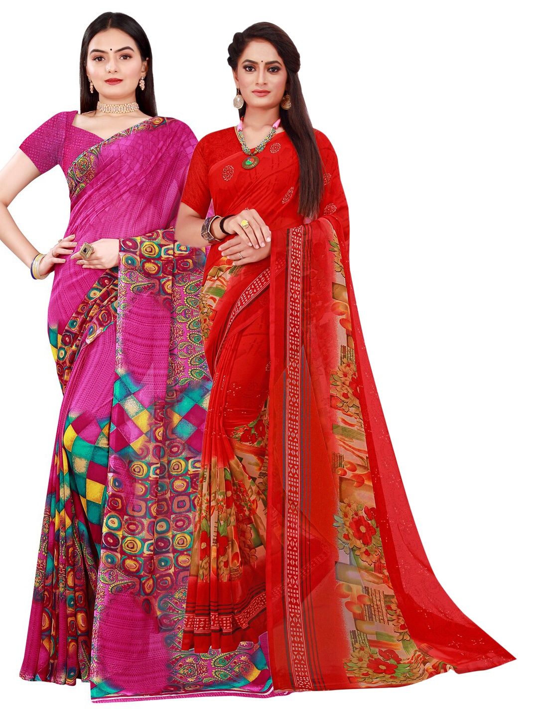 Florence Pack of 2 Printed Georgette Saree, Magenta