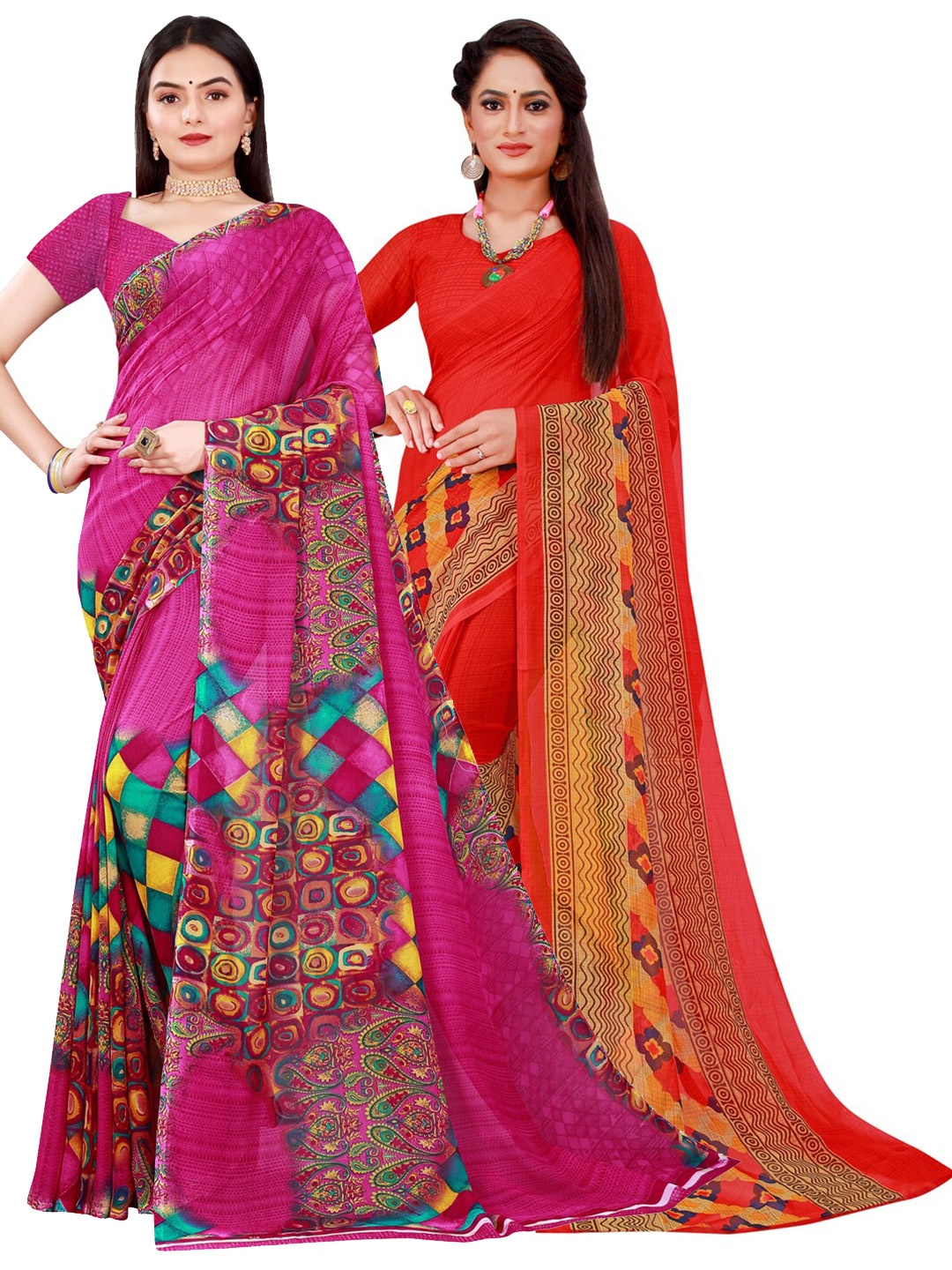 

Florence Red & Magenta Set Of 2 Ethnic Motifs Pure Georgette Saree