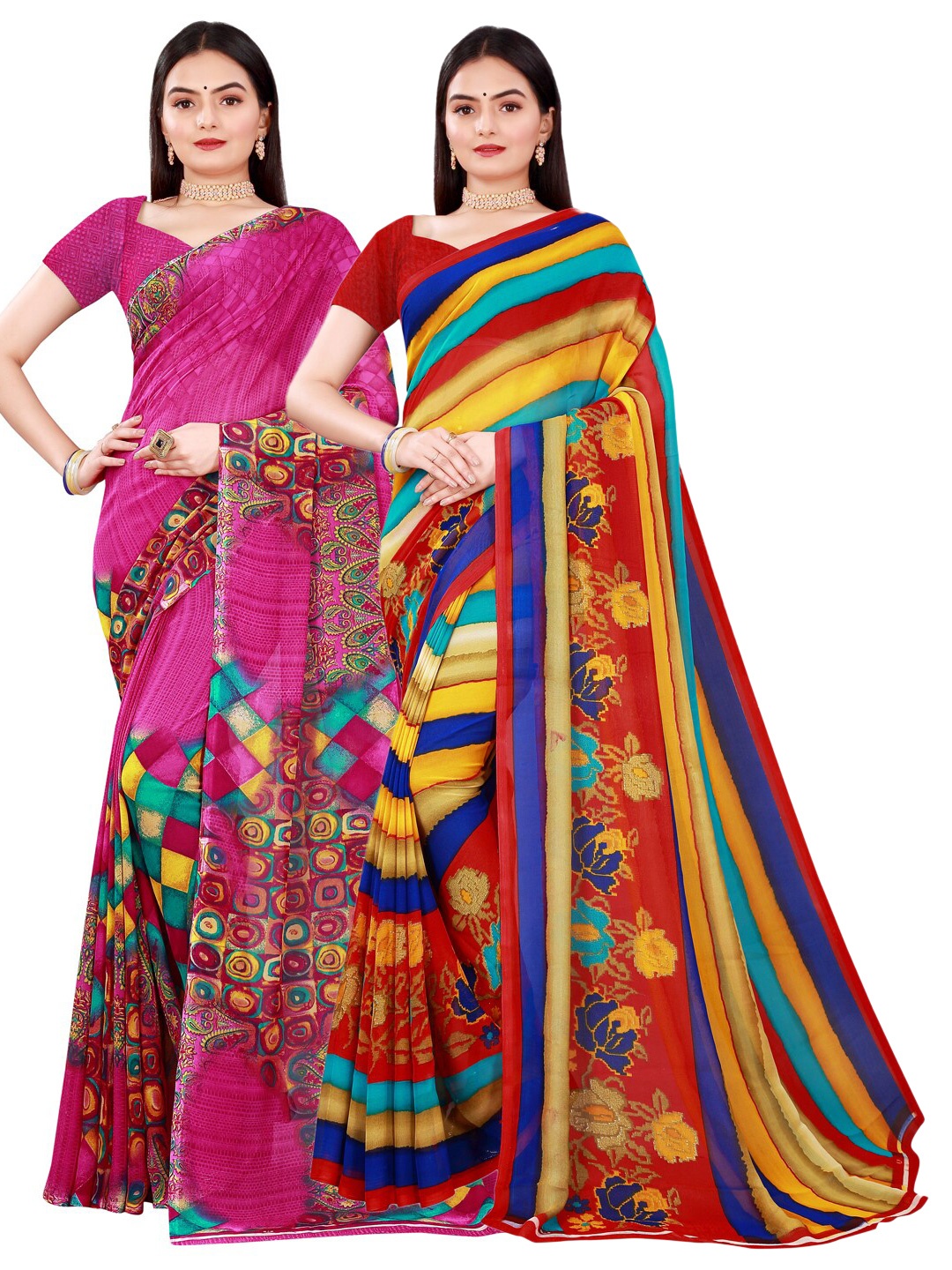 

Florence Magenta & Yellow Set Of 2 Floral Pure Georgette Saree