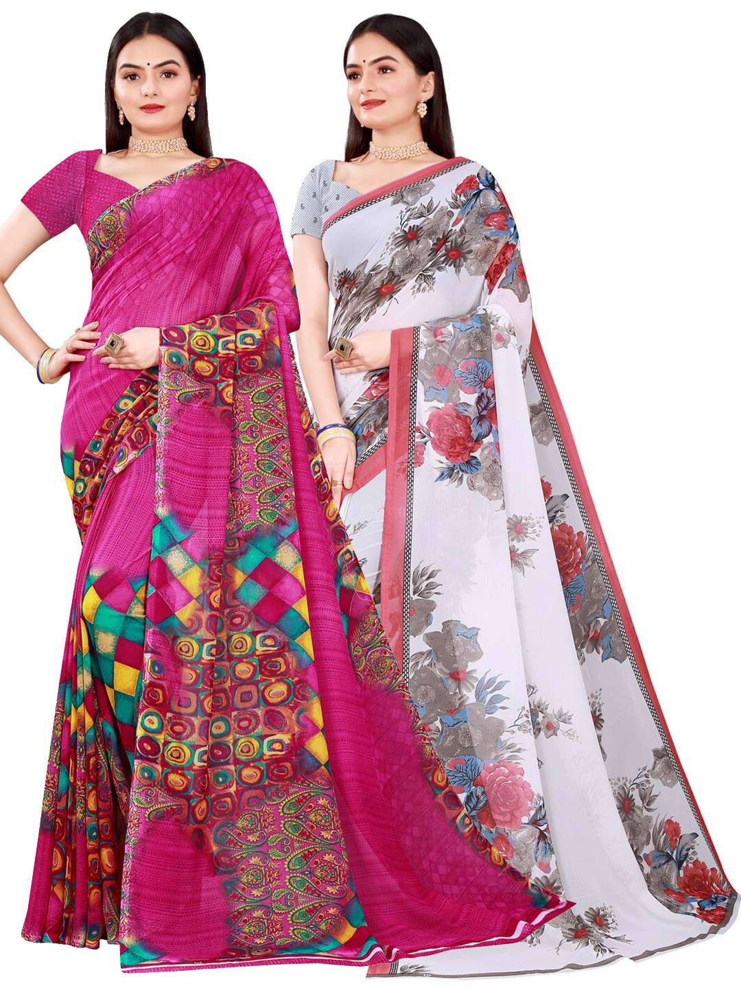

Florence Magenta & White Set Of 2 Floral Pure Georgette Saree