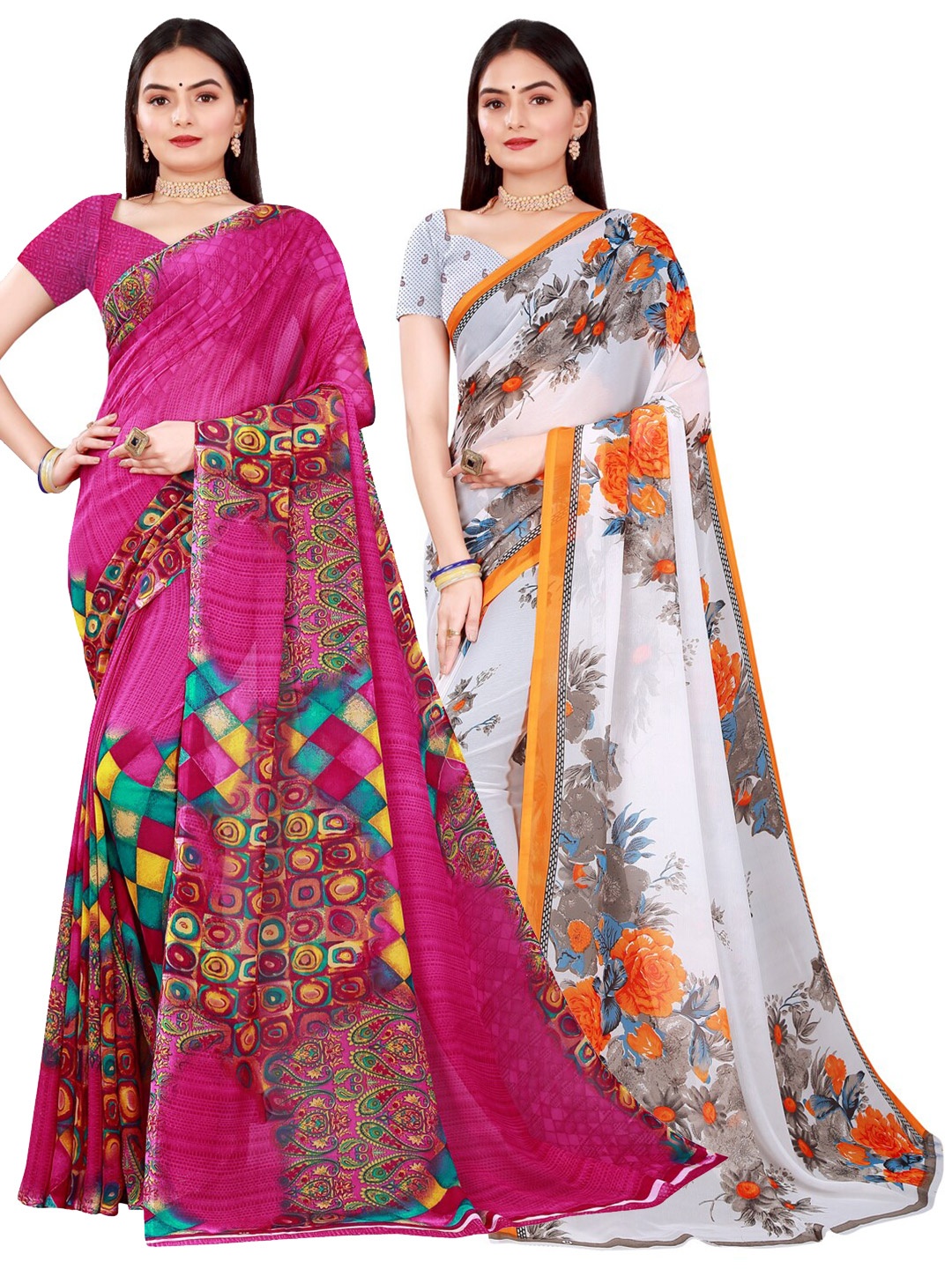 

Florence Magenta & White Set Of 2 Floral Pure Georgette Saree