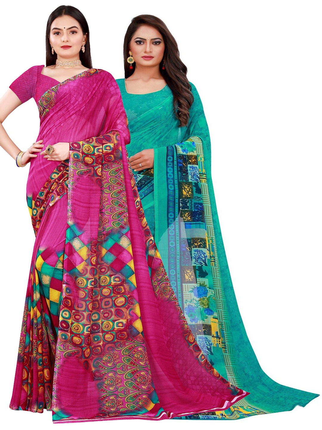 Florence Set Of 2 Teal Blue & Magenta Floral Pure Georgette Saree