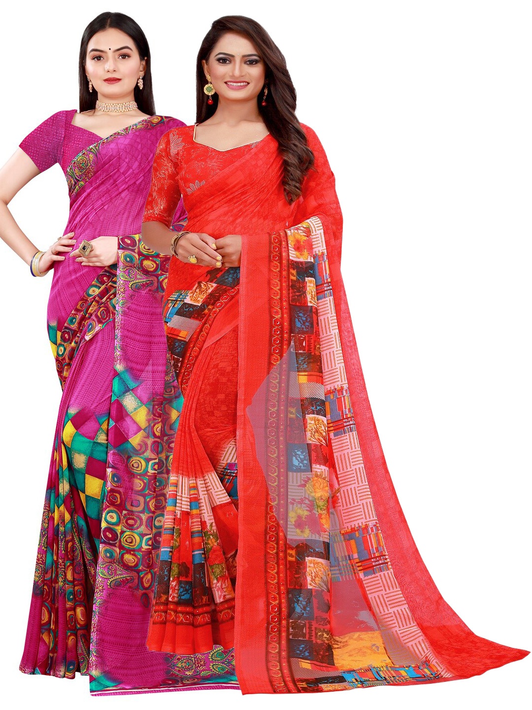 Florence Set Of 2 Magenta Pink & Red Floral Pure Georgette Saree