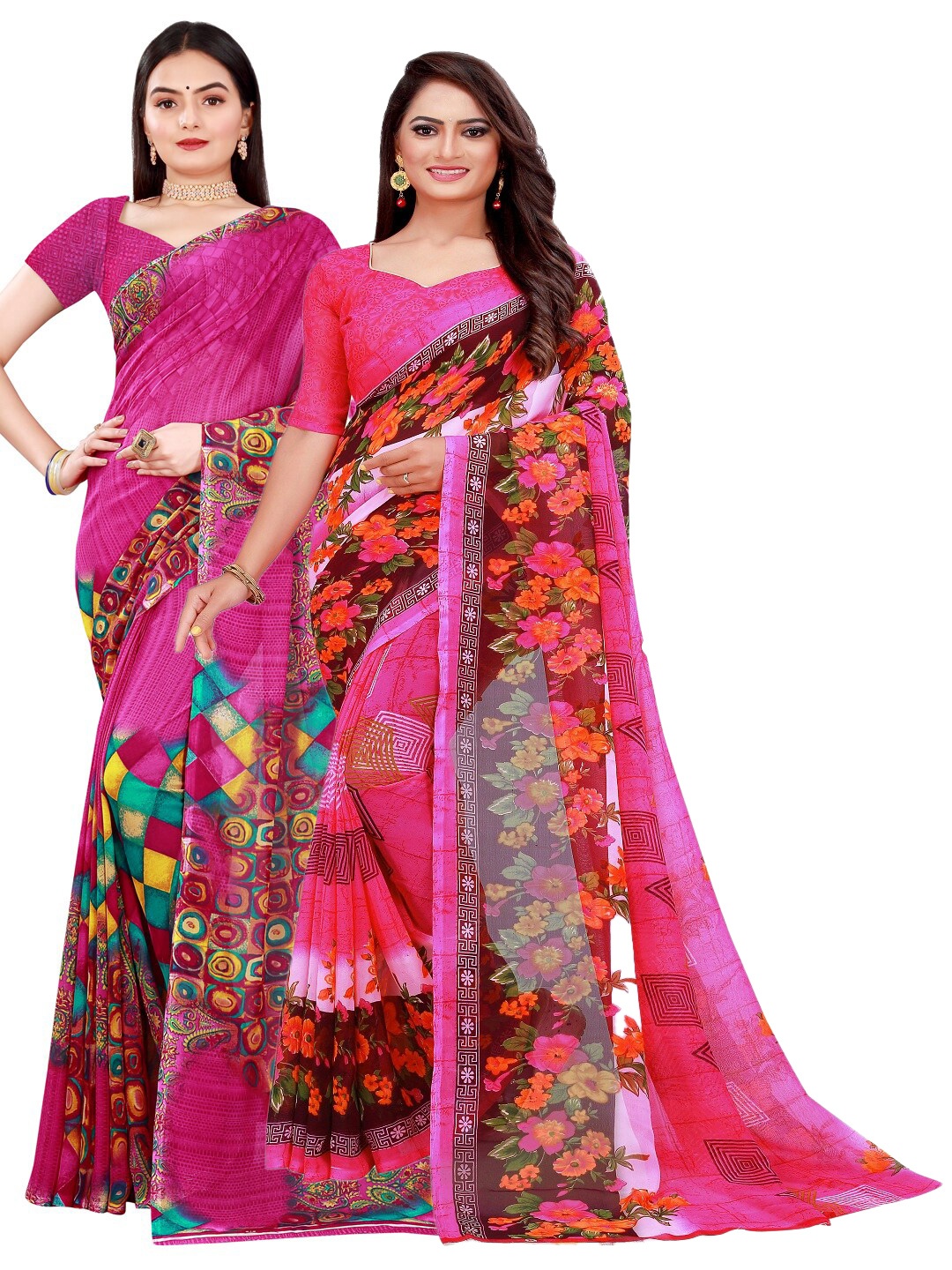 

Florence Set Of 2 Magenta Pink & Blue Floral Pure Georgette Saree
