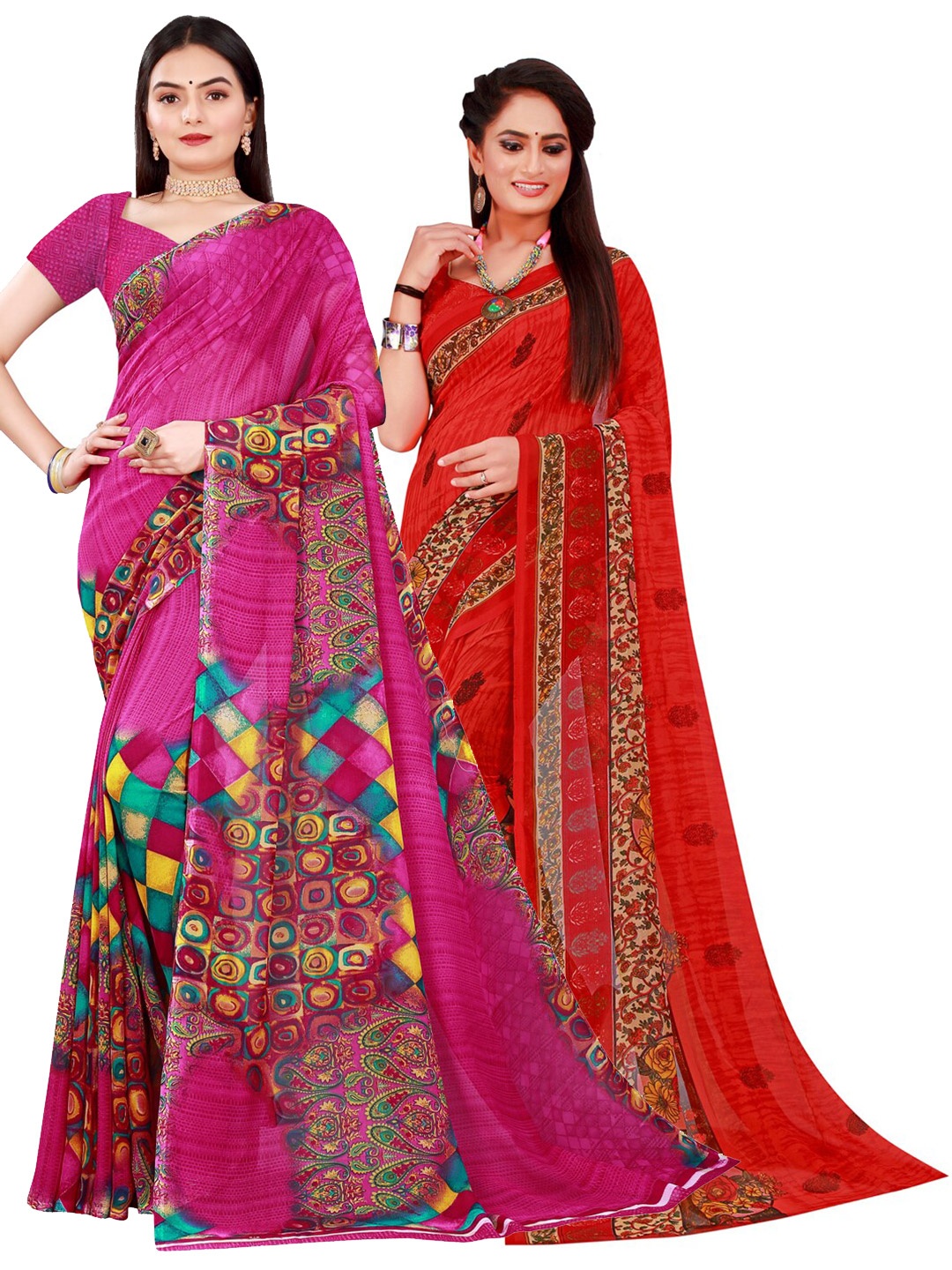 

Florence Set Of 2 Magenta & Red Floral Pure Georgette Saree