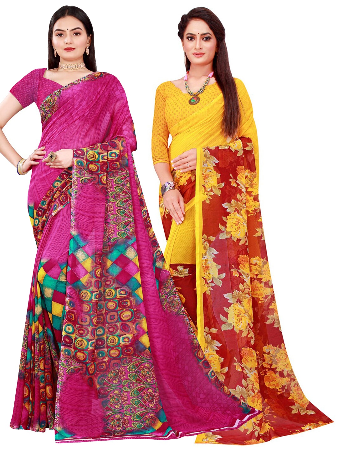 Florence Set Of 2 Magenta Pink & Yellow Floral Pure Georgette Saree