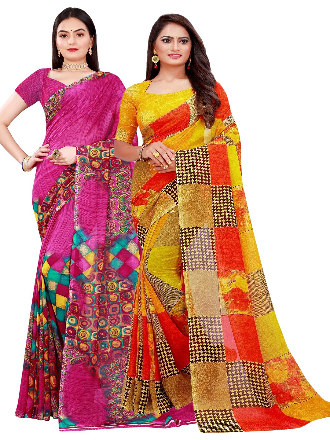 

Florence Magenta & Yellow Printed Pure Georgette Saree