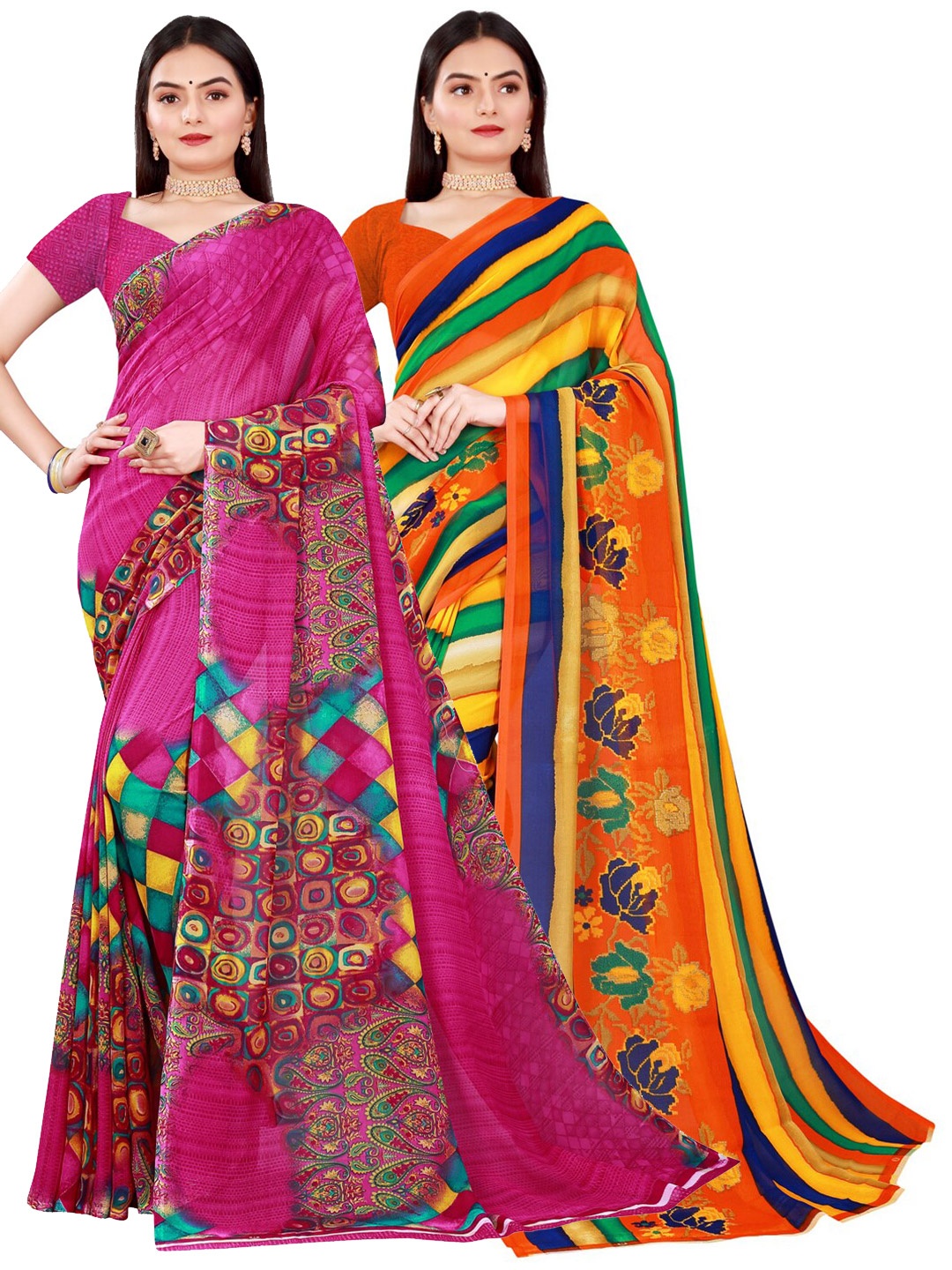 

Florence Magenta & Yellow Printed Pure Georgette Saree