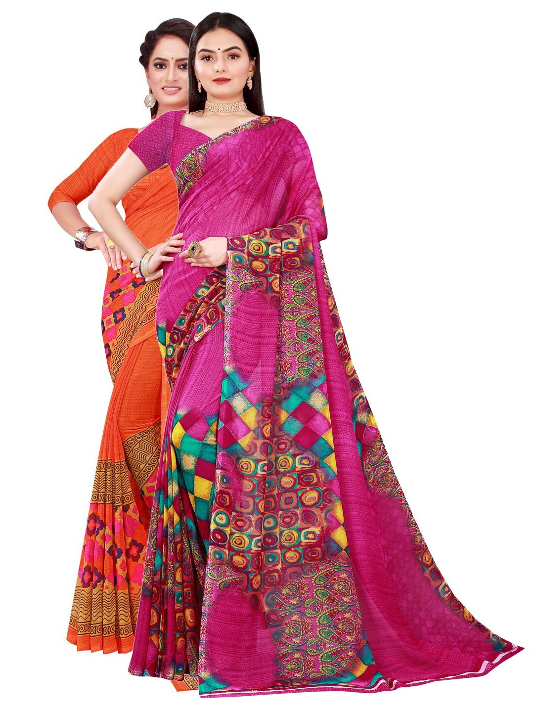 

Florence Set Of 2 Orange & Pink Pure Georgette Saree