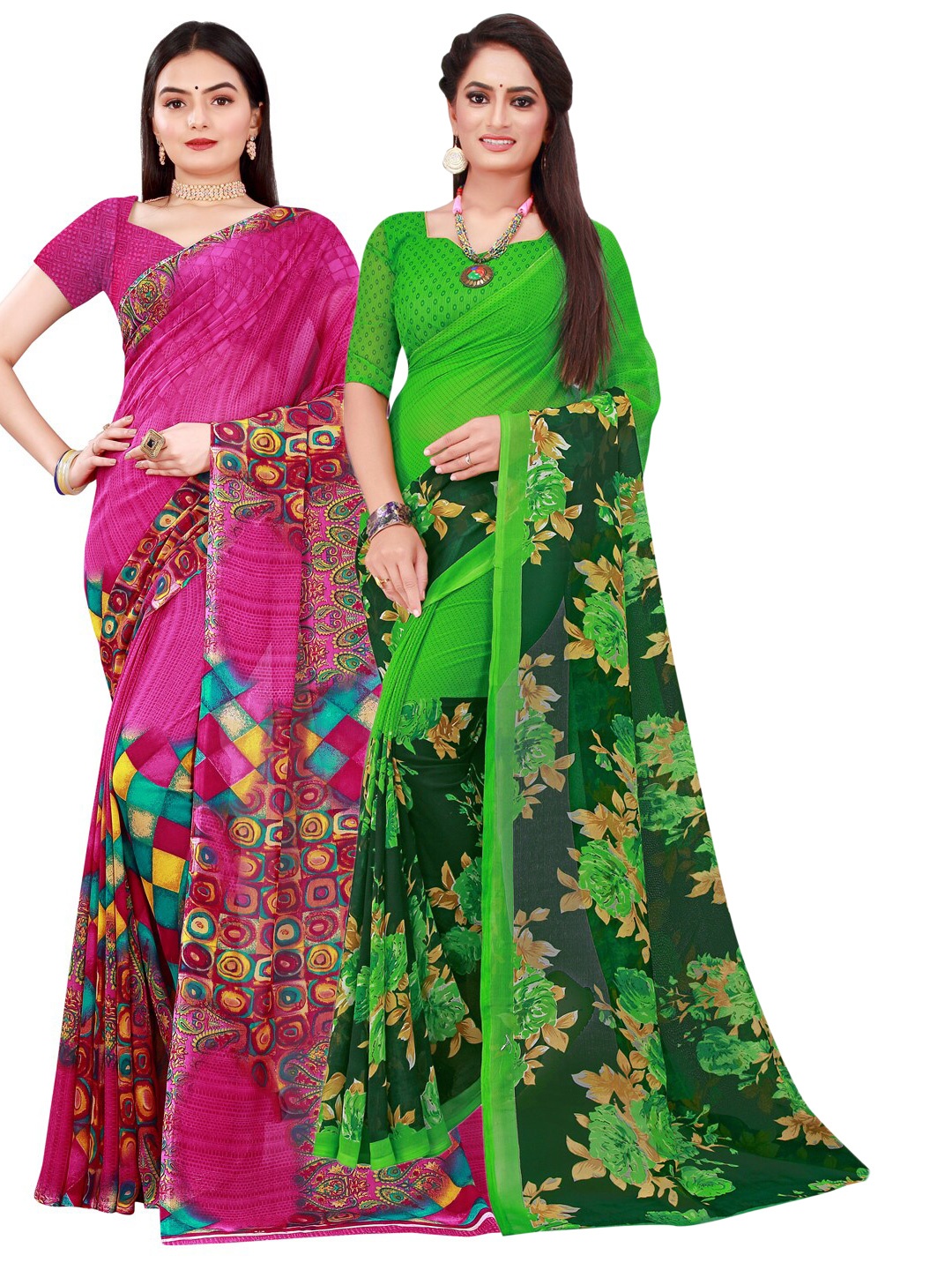 

Florence Set Of 2 Magenta & Green Floral Pure Georgette Saree