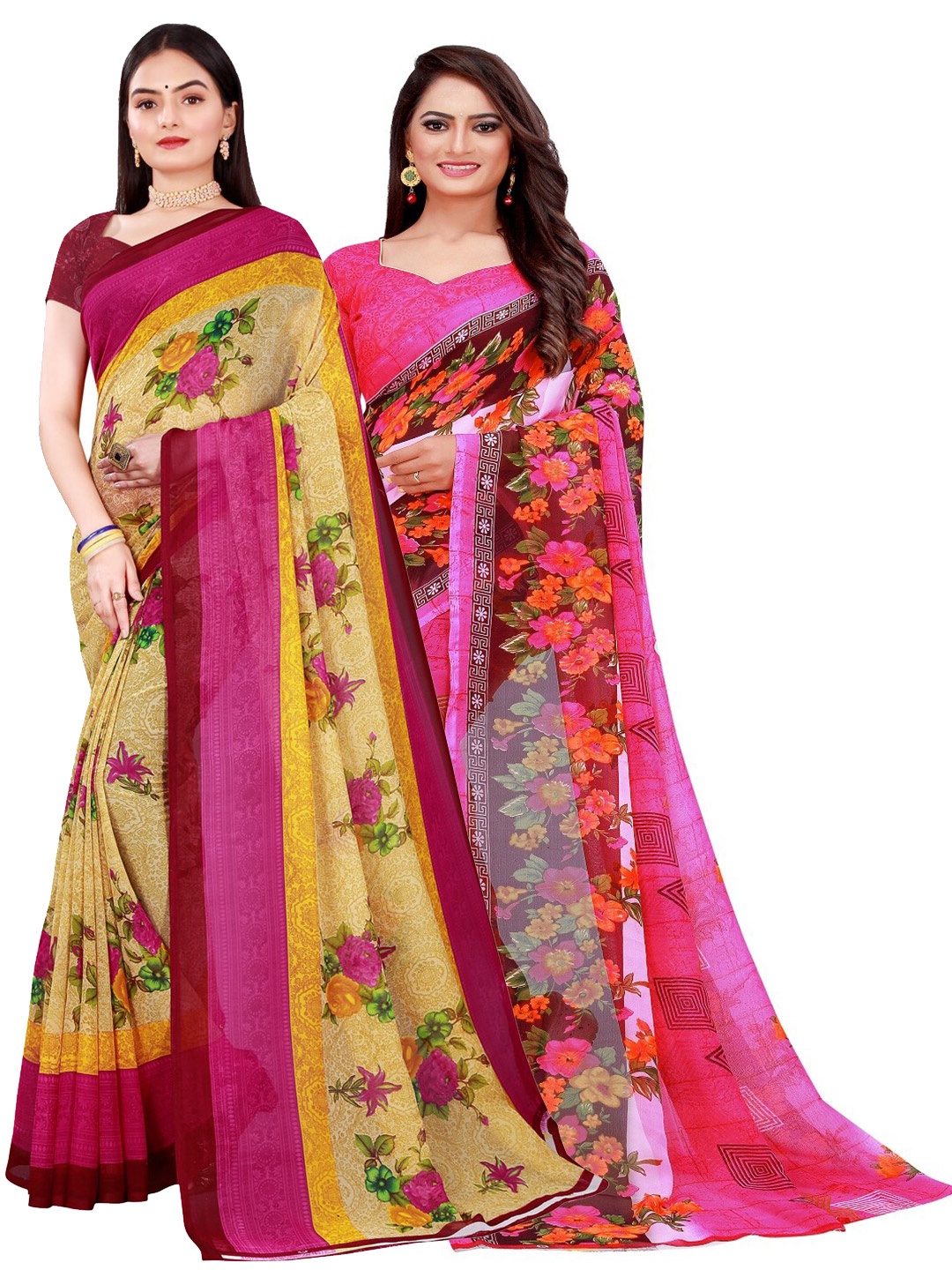 

Florence Women Pack of 2 Beige & Pink Floral Printed Pure Georgette Saree